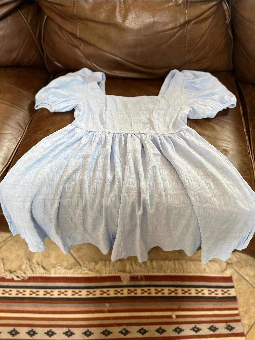 SHEIN Light Blue Puff-Sleeve Smocked Bodice Dress